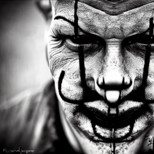 Image similar to Homeless portrait of dirty Pennywise in scrappy clothing, HD, award winning photograph by Lee Jeffries