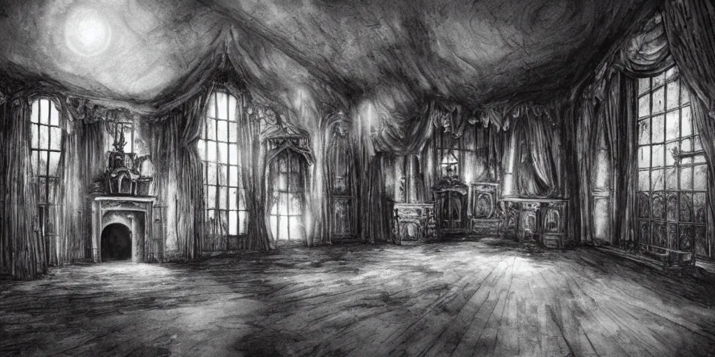 Prompt: inside a haunted mansion at night, moonlight shines through the windows, dramatic shadows, gothic