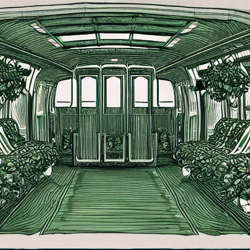Prompt: annotated highly, detailed and intricate, sketch of the inside of a carriage cabin full of green green green plants, marker concept art style rendering, concept art, half blueprint, trending on artstation, intricate details, center frame, annotations