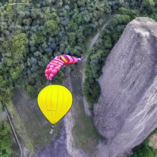 Image similar to a hairy dog with a large open balloon parachute jumping from a cliff. captured by a drone. wide camera. epic