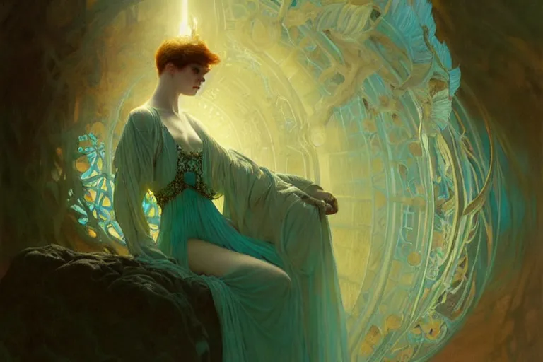 Image similar to pale teal becoming light itself, fantasy, intricate, elegant, dramatic lighting, emotionally evoking symbolic metaphor, highly detailed, lifelike, photorealistic, digital painting, artstation, concept art, smooth, sharp focus, illustration, art by John Collier and Albert Aublet and Krenz Cushart and Artem Demura and Alphonse Mucha