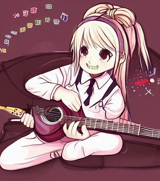 Image similar to a cute school girl is playing guitar on bedroom floor in detailed manga line drawing style squareenix trending on pixiv skeb deviantart realistic hd
