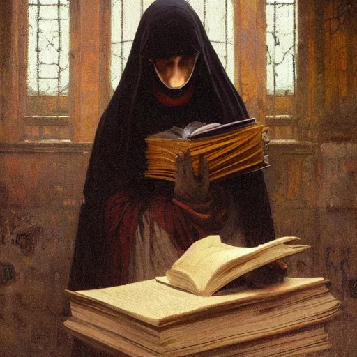 Prompt: half portait of magican wearing a closed cowl holding a big old book!, jeremy mann, jean leon gerome, alphonse mucha, greg rutkowski, hood covers his eyes, ruins of ancient rome, at dusk, mysterious atmosphere, sunrays, dof, masterpiece, high detailed, 8 k