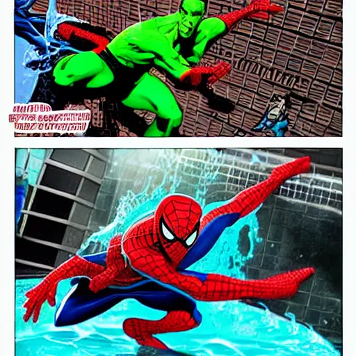 Image similar to spiderman and the halk fighting each other in the pool