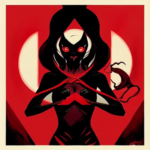 Prompt: rafael albuquerque comic art, peter mohrbacher, artgerm, joshua middleton, pretty evil elizabeth olson demon, black and red dress, symmetrical eyes