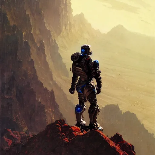 Image similar to robotic warrior standing on top of a mountain with a beautiful cosmic background by by norman rockwell, jack kirby, bergey, craig mullins, ruan jia, jeremy mann, tom lovell, deviantart, cgsociety, trending on artstation, award winning, 8 k resolution, sharp focus