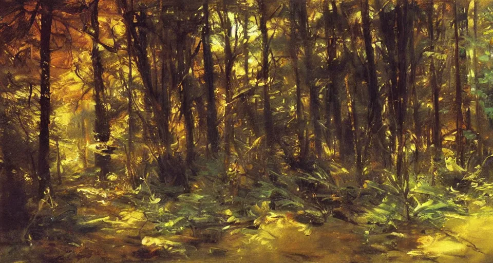 Prompt: dark forest, oil painting, vivid colors, brush strokes, elegant, highly detailed, by richard schmid and john singer sargent