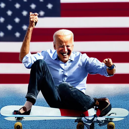 Image similar to joe biden riding a skateboard, realistic, hd