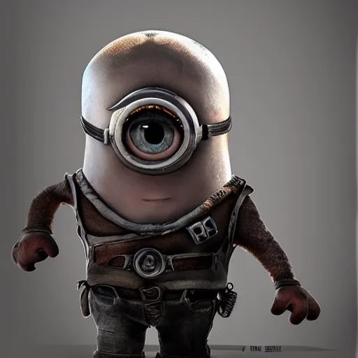 Prompt: realistic character concept art of a minion in the next mad max movie, intense lighting, eye patch
