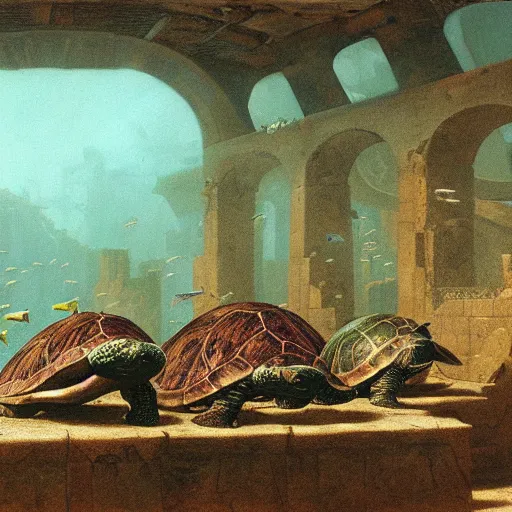 Prompt: mega turtles in an underwater ruined city of Atlantis , by Michael Sowa