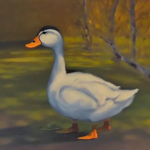 Prompt: a duck on the prowl oil painting bill mayers