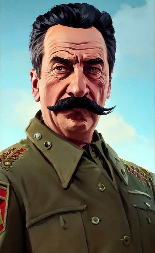 Image similar to highly detailed portrait of stalin in gta v, stephen bliss, unreal engine, fantasy art by greg rutkowski, loish, rhads, ferdinand knab, makoto shinkai and lois van baarle, ilya kuvshinov, rossdraws, tom bagshaw, global illumination, radiant light, detailed and intricate environment