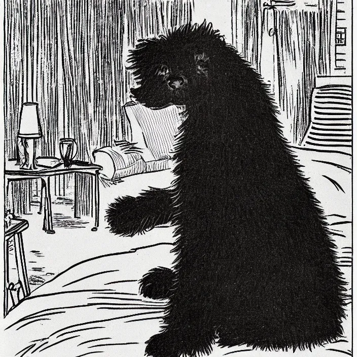 Image similar to a still frame from comic strip, a portrait of black fluffy furry sleeping dog 1 9 5 0, herluf bidstrup, new yorker illustration, monochrome bw, lineart, manga, tadanori yokoo, simplified,