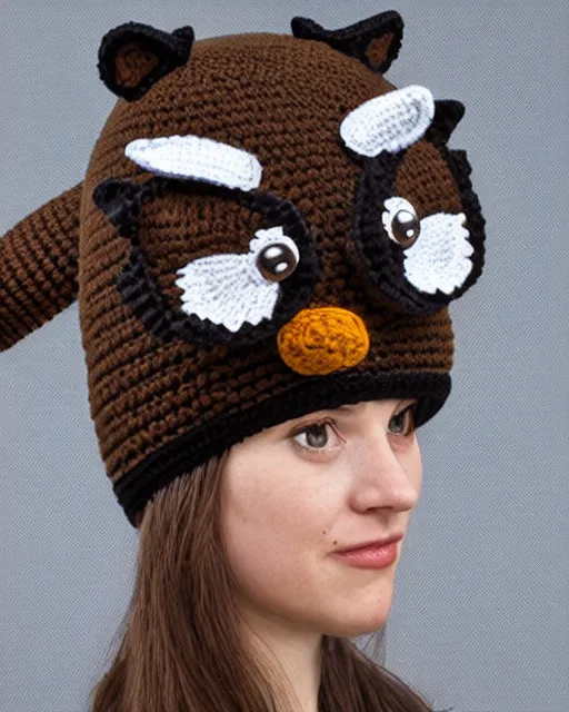 Prompt: a crocheted raccoon hat, fzd school of design, product photo, studio lighting