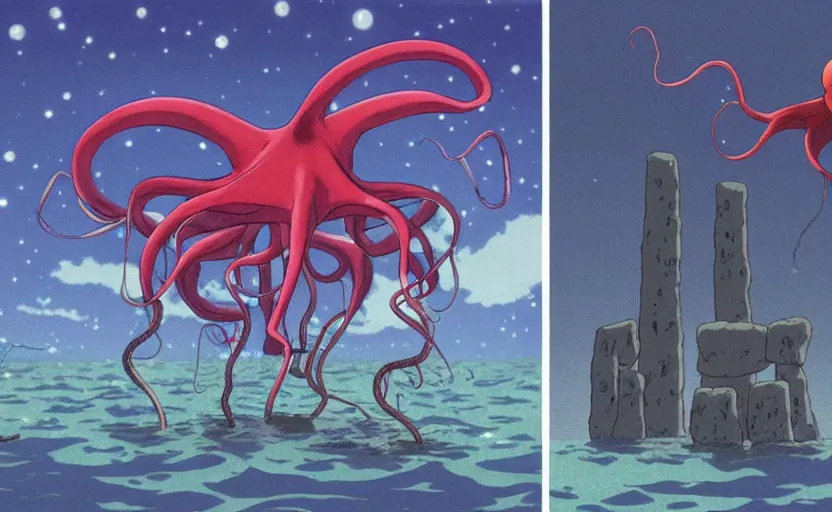 Image similar to a realistic cell - shaded studio ghibli concept art from paprika ( 2 0 0 6 ) of a flying multi - colored octopus from close encounters of the third kind ( 1 9 7 7 ) and dimensional portal to another world above a flooded stonehenge on a misty starry night. very dull colors, wide shot, hd, 4 k, hq