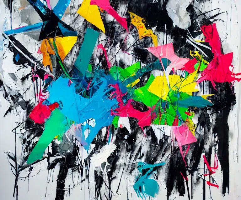 Image similar to abstract expressionist painting, paint drips, acrylic, graffiti throws, wildstyle, clear shapes, spraypaint, smeared flowers, origami crane drawings, oil pastel gestural lines, large triangular shapes, painting by ashley wood