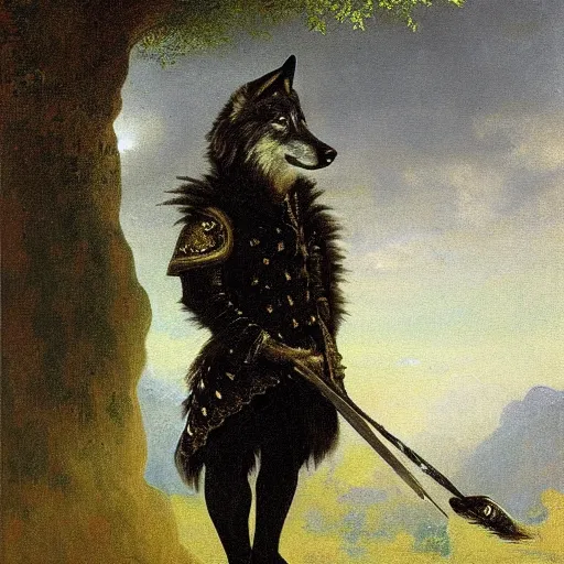 Image similar to A painting of an anthropomorphic wolf wearing a black doublet by Robert Cleminson and Albert Bierstadt