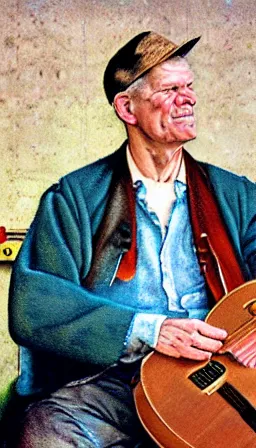 Image similar to portrait of doc watson playing guitar in the style of norman rockwell, photorealistic, award - winning