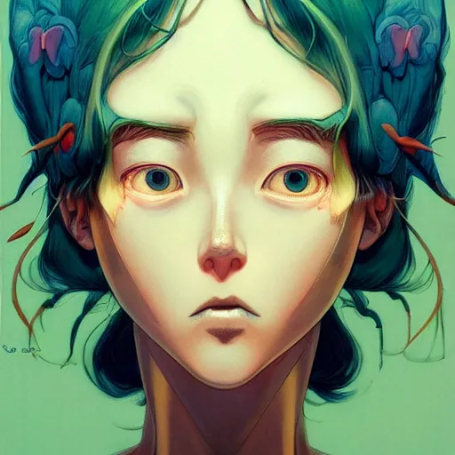 Image similar to prompt : wierd character portrait soft light painted by james jean and katsuhiro otomo and erik jones, inspired by evangeleon anime, smooth face feature, intricate oil painting, high detail illustration, sharp high detail, manga and anime 1 9 9 9