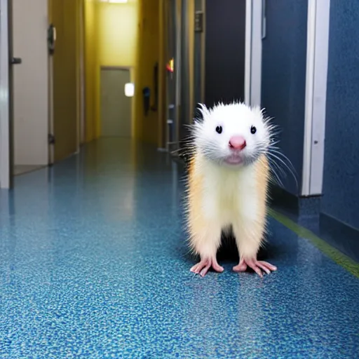 Image similar to a ferret in a hospital gown walking through a hallway from one room to the next dragging an IV on wheels behind it