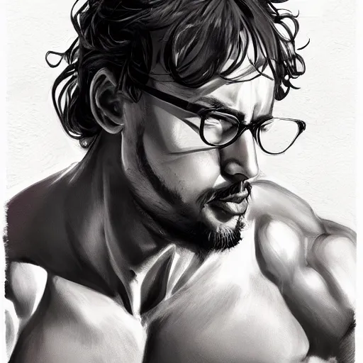 Image similar to Gigachad Sam Hyde flexing muscular body, wearing black shorts and white sneaker shoes, portrait of by Stanley Artgerm Lau, WLOP, Rossdraws, James Jean, Andrei Riabovitchev, Marc Simonetti, Yoshitaka Amano, ArtStation, CGSociety,