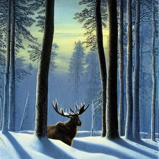 Prompt: caspar david friedrich style painting, moose in winter forest, spruce trees
