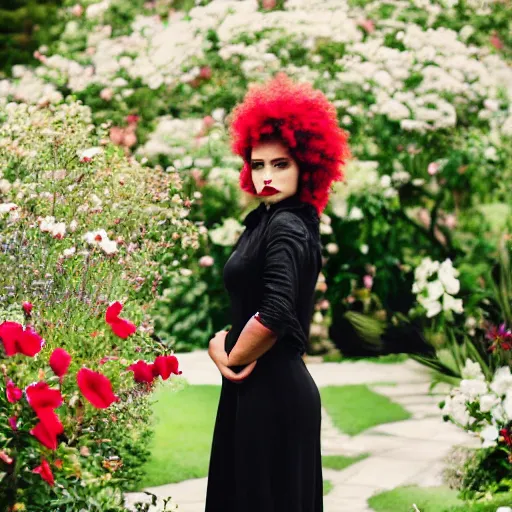 Prompt: A woman standing in a black dress, black and red lips and white hair, she stands in a garden with flowers and birds