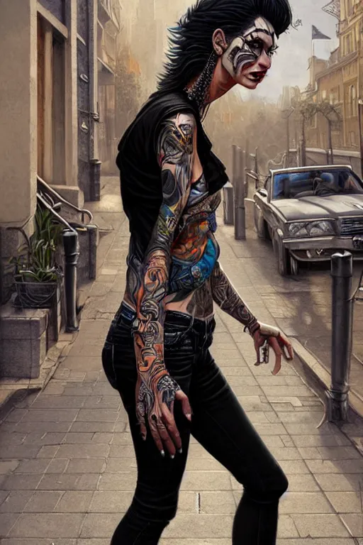 Image similar to fullbody potrait of punk rocker woman in street, woman is wearing t - shirt, hyper realistic, intricate, elegant, highly detailed, digital painting, artstation, concept art, matte, sharp focus art by boris vallejo and greg rutkowski, smooth, sharp focus, illustration