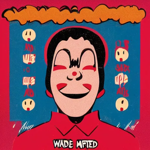 Prompt: rapper smiling wide guy high red eyes fake smiles stylised album cover 60s retro gang