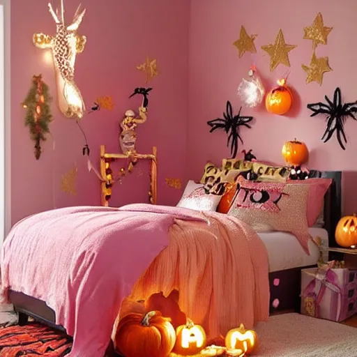 Prompt: homemade pink and gold halloween themed christmas bedroom ideas, high resolution, creative, visually appealling