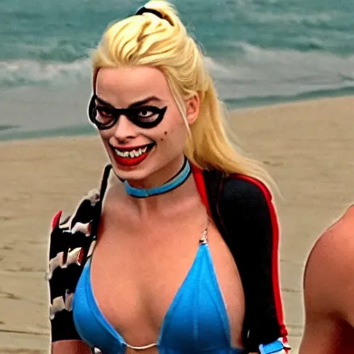 Prompt: margot robbie harley quinn at the beach 4 k detailed super realistic