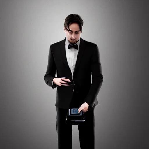 Image similar to man in a black suit, holding a very advance phone, photorealistic, realistic, dramatic, cinematic, cinematic, photography, sci fi