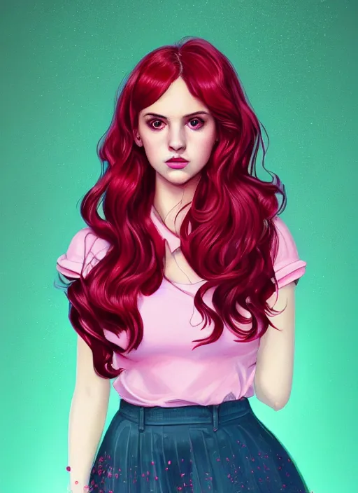 Image similar to full body portrait of teenage cheryl blossom, bangs, green eyes, sultry expression, red hair, sultry smirk, bangs and wavy hair, pink skirt, bangs, intricate, elegant, glowing lights, highly detailed, digital painting, artstation, concept art, smooth, sharp focus, illustration, art by wlop, mars ravelo and greg rutkowski