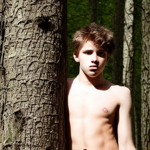 Image similar to a teenage boy, around 1 9 yo. looking sad. natural brown hair. loincloth, pale skin. detailed face. ominous and eerie looking forest i'm background. natural colors.