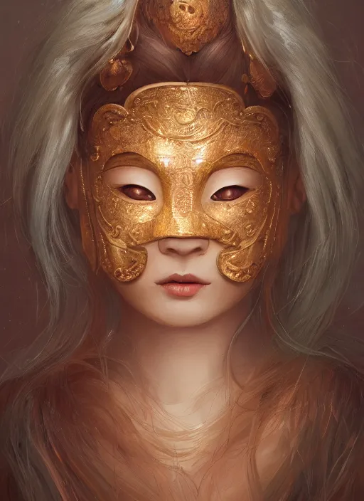 Image similar to a beautiful detailed oil on copper art illustration of a japanese kokushikijo mask woman, centered, by charlie bowater, zeng fanzh, trending on artstation, dim dusk lighting, cinematic lighting, detailed lighting, volumetric lighting, realistic, f 8, 4 k hd wallpaper