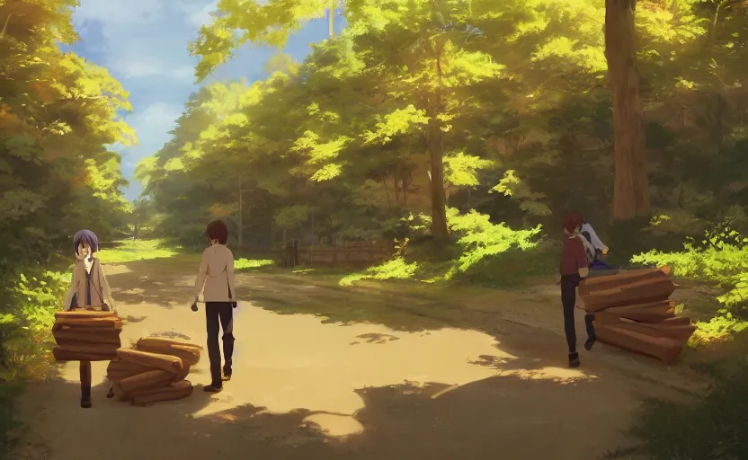 Prompt: carrying wooden logs, slice of life anime scene by Makoto Shinkai, digital art, 4k