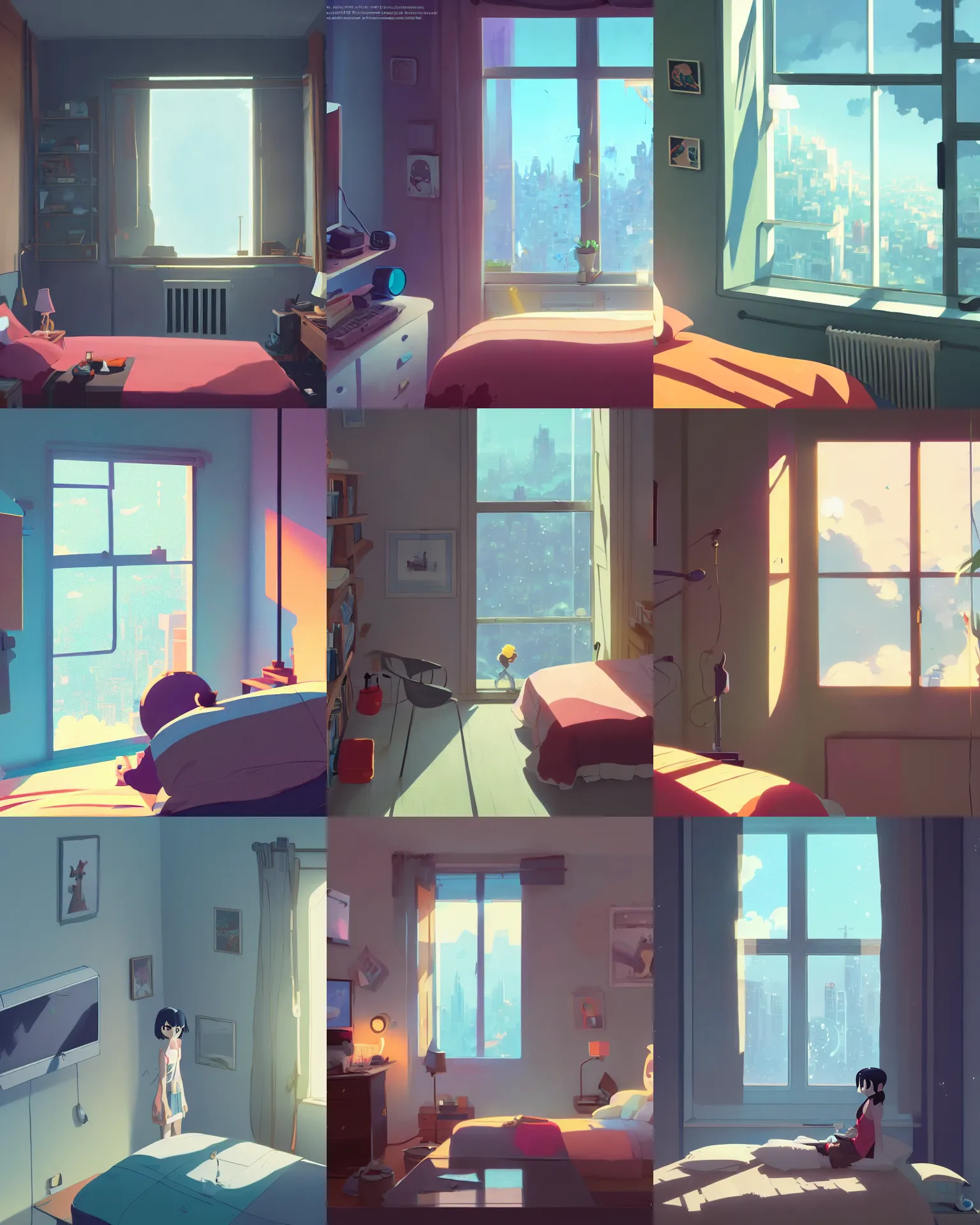 Prompt: bedroom, lots of technology, window looking out over city, detailed, cory loftis, james gilleard, atey ghailan, makoto shinkai, goro fujita, studio ghibli, rim light, exquisite lighting, clear focus, very coherent, plain background, soft painting