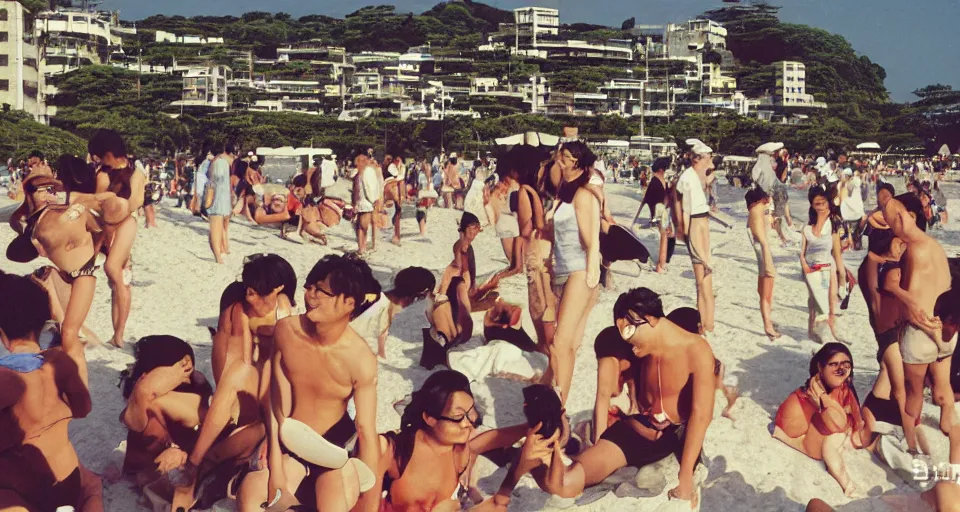 Prompt: 90s Japan, Professional photograph, people in the beach, summer.