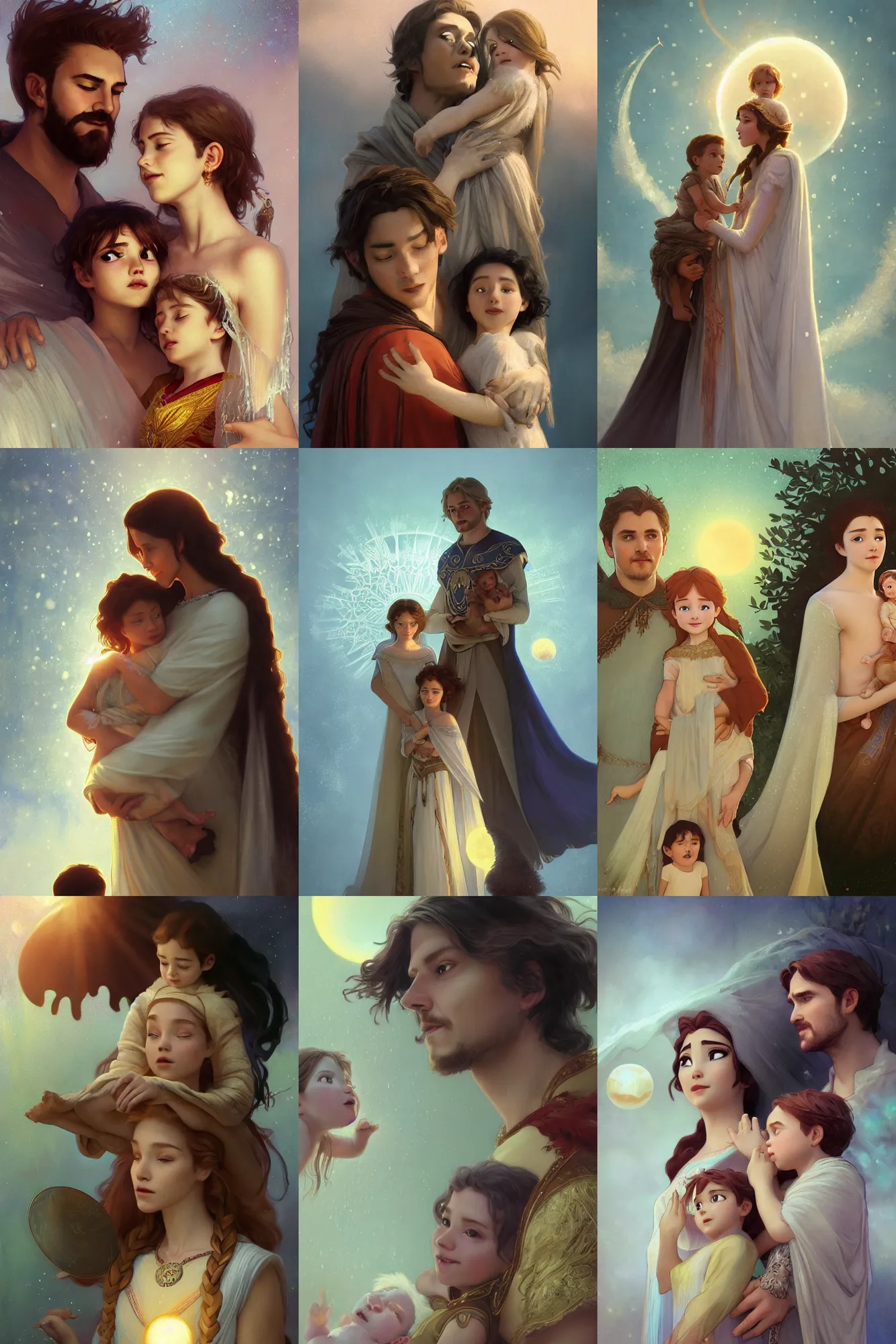 Prompt: a cinematic portrait of a beautiful family photograph close up moment of a young sun god and moon goddess magician family with child, portrait, wearing wide sunhat, Frozen Klaus film, godrays digital painting, artstation, concept art, illustration, Frozen II art masterpiece by art by Krenz Cushart, Artem Demura, alphonse mucha, yoji shinkawa, ArtGerm, Jon Lothian, Danilo Torres, Adi Meyers, Thomas Reimann, Gaston Bussiere, Disney