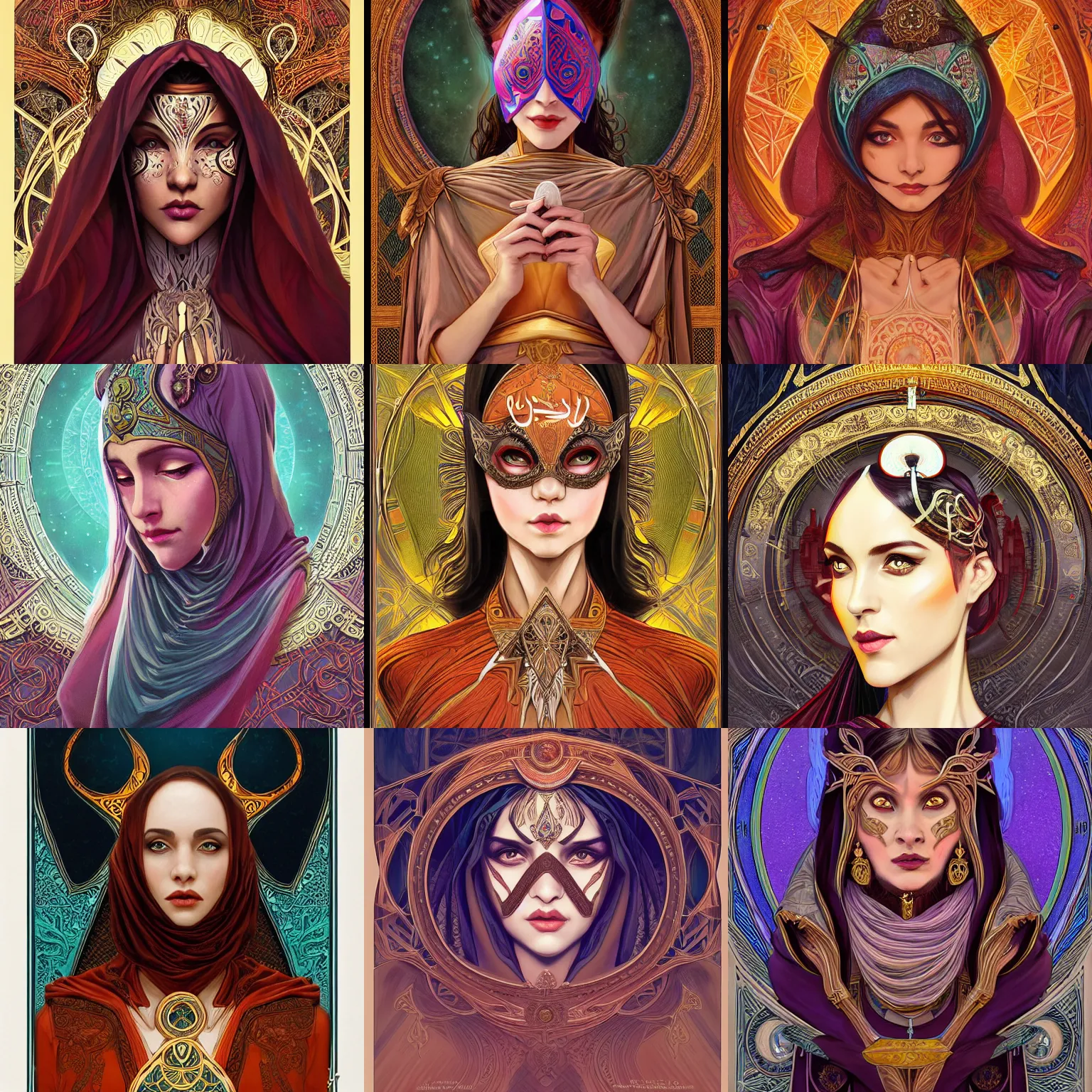 Prompt: head-on symmetrical centered painted portrait, Mai Ezz Eldin as a D&D wizard, ornate robes, art nouveau, tarot card style, fantasy, intricate, elegant, highly detailed, smooth, sharp focus, illustration, artstation, in the style of Artgerm and Anna Podedworna and Alex Ross and Mucha