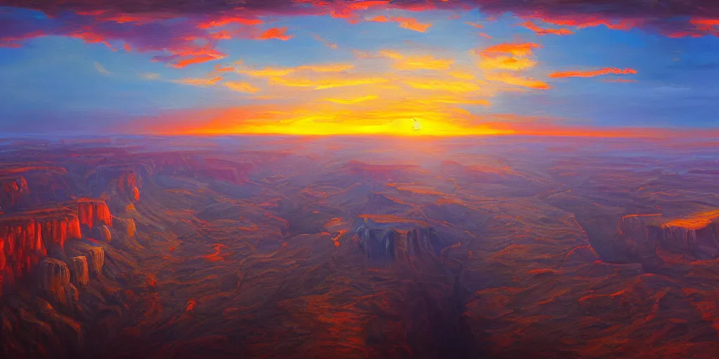 Image similar to New York City, Grand Canyon, sunrise, cinematic lighting, detailed oil painting, hyperrealistic, 8k