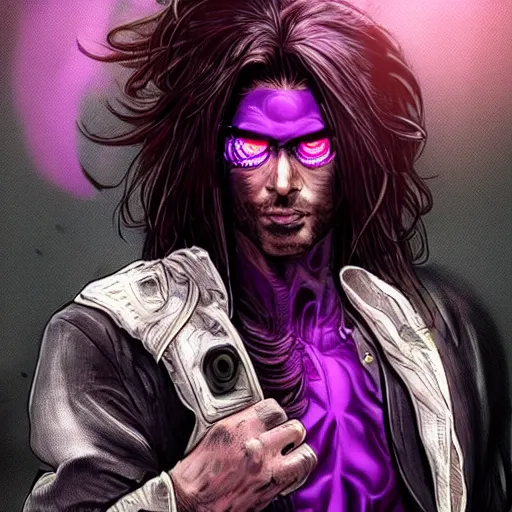 Image similar to long haired man with extremely large and intricate eye cyberpunk bionics with angry purple eyes and slim features looking askance,