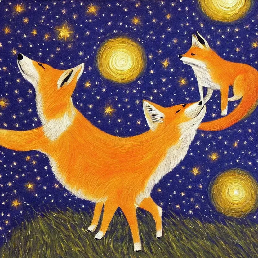 Image similar to a centred painting of a fox looking up at the stars in the style of Starry Night, highly detailed