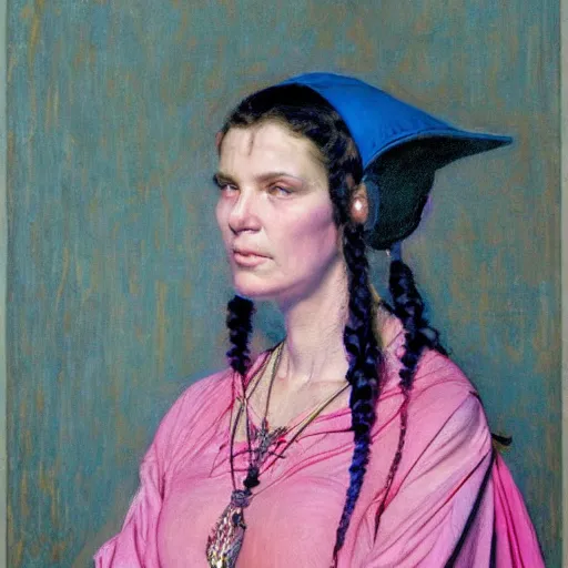 Image similar to a frontal portrait of a priestess, dressed in pink and blue, so happy that her face hurts, by donato giancola and norman rockwell.