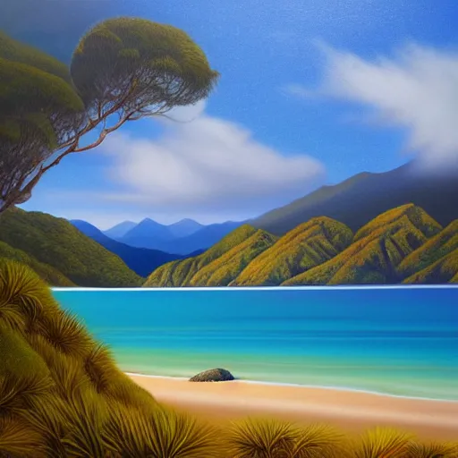 Image similar to golden bay abel tasman new zealand, highly detailed, highly detailed fantasy ethereal surrealist art