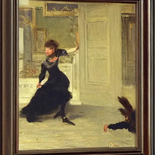 Prompt: actress rehearsing an action scene on stage by alfred stevens