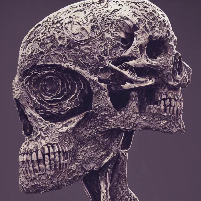 Image similar to portrait of a skull in a suit. intricate abstract. intricate artwork. nightmare fuel. by Tooth Wu, wlop, beeple, dan mumford. octane render, trending on artstation, greg rutkowski very coherent symmetrical artwork. cinematic, hyper realism, high detail, octane render, 8k, iridescent accents