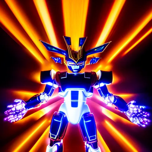 Image similar to uhd candid photo of cosmic mecha freiza powering up, glowing, global illumination, studio lighting, radiant light, hyperdetailed, correct face, elaborate intricate costume. photo by annie leibowitz