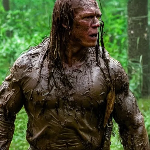 Prompt: film still of john cena as major dutch, covered in mud, hiding from the predator a few feet away from him in swamp scene in 1 9 8 7 movie predator, hd, 8 k