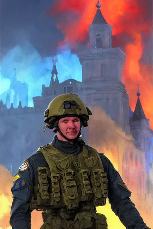 Image similar to special forces soldier with ukrainian blue and yellow shoulder patch watches red square kremlin burn in the background, d & d, fantasy, bright atmosphere, volumetric lights, intricate, elegant, extremely detailed, digital painting, artstation, concept art, matte, smooth, sharp focus, hyper realistic, illustration, art by artgerm and greg rutkowski and alphonse mucha